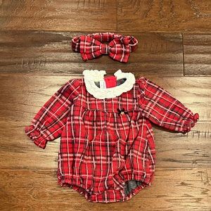 Baby Girl Red Plaid Romper and Headband set